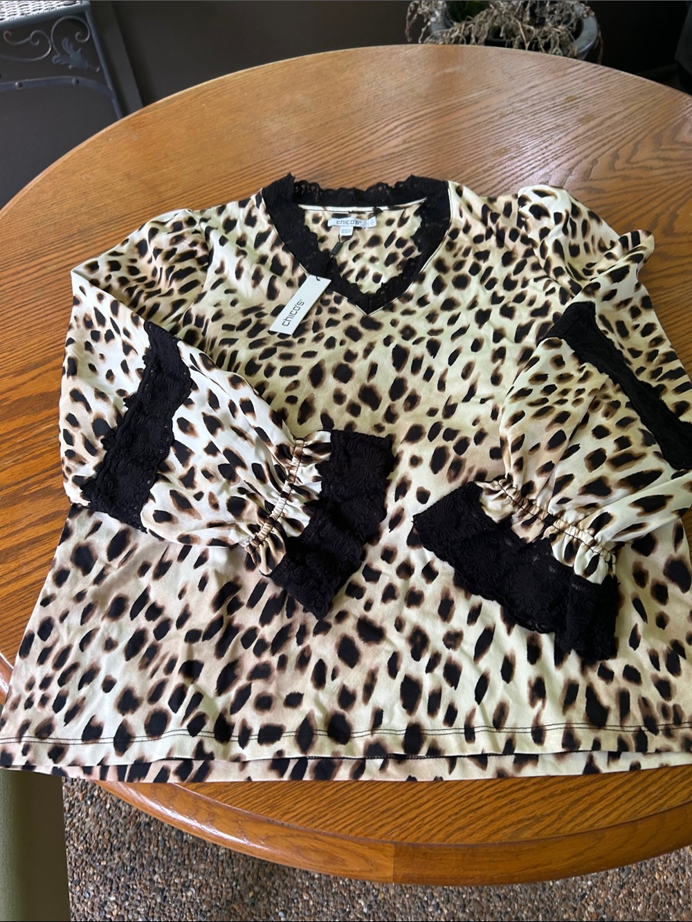 Chico's Leopard Print Top with Black Lace Trim